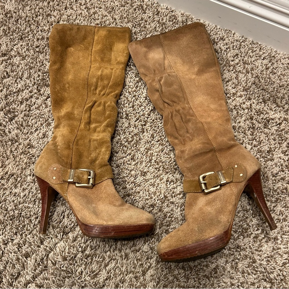 Michael Kors Suede Knee-High Heeled Boots | Tan | Buckle Detail